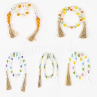 Guirlande de perles de bois de fête de Pâques avec glands 5 motifs Ferme Perles en bois naturel rustique String Spring Party Favors