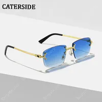 Caterside Blue Bradient Lens Metal Grunglasses Women Luxury Designer Rimless Small Square Sun Glasses for Men Framless