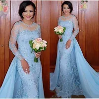 Arabic Light Sky Blue Evening Dresses With Detachable Train Long Sleeve Appliques Lace Women Mermaid Prom Party Dress Formal Event284t