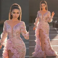 Avond feest vrouwen elegante sexy v-hals gespleten kant ruches roze jurk nachtclub prom bruiloft lange maxi plus size