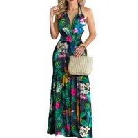 Vrouwen tropische print halter backless maxi jurk zomer lente vakantie mouwloze sexy boho strandjurk casual bloemen l220606