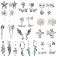 Designer 925 Silver Stud Earrings Dames Nieuwe luxe originele fit Pandora Circle Flower Feather hanger Fashion Trend oorbellen Diy Ladies Gifts