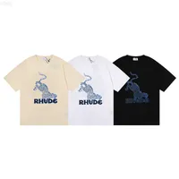 Camisetas Rhude Men's 2022 High Street Tide Brand Leopard estampado Summer Flower Manga corta Camiseta