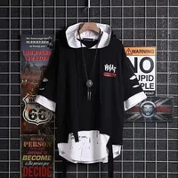 super Fire Ribbon Hooded Hip Hop Short Sleeve Fashion T shirt Men s Fake Two piece Street Bf Loose Five 220712