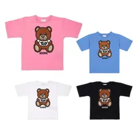 키즈 베어 티셔츠 짧은 슬리브 티 탑 소년 소녀 어린이 캐주얼 편지 자수 패턴 티셔츠 풀버 100-140cm 화이트 핑크 블랙 블랙 컬러 나이 1-12t