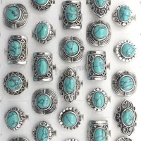 Gloednieuwe vintage turquoise stenen ringen gemengd ontwerp verstelbare antieke tibetaanse zilveren ringen 50 stks hele211q
