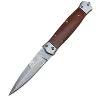 Auto vikningskniv av högsta kvalitet VG10 Damascus Steel Blade Chicken Wing Wood +Steels HANTERA utomhus EDC -knivar med nylonhölje