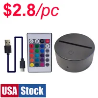 USA Stock RGB 3D Nattljus bas för illusionlampa 4mm akrylpanel AA Batteri eller DC 5V USB Nights Lights 16 Färger IR Fjärrkontroll, Svart Vit