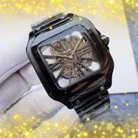38 -мм квадратные квадратные из нержавеющей стали мужские часы двойные скелеты дизайнер классические часы импортированные кварцевые движения наружные водонепроницаемые наручные часы