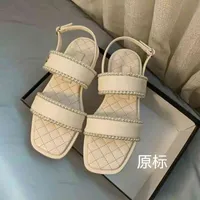 Sandals summer small fragrance style high version one line belt flat bottom pearl versatile fairy square head simple women&#039;s sandals WDWG