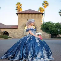 Sparkly Blue Sequins Quinceanera Ball Gowns 2021 Off Shoulder Plus Size Lace Up Evening Party Sweet 16 Dress224o