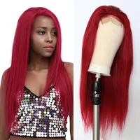 Lace Wigs Red Burgundy 4x4 Closure Human Hair For Women SOKU Brazilian Straight Front Wig 150% Remy Pre Plucked