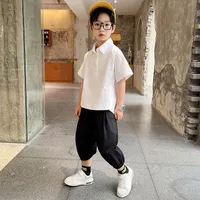 Комплекты одежды подростки мальчики устанавливают дети с коротким рукавом и шортами повседневная рубашка для рубашки корейская детская детская хлопок 4-14 лет