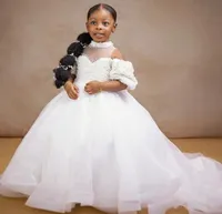 2022 White Luxo Pearls Flower Girl Dresses High Neck Ball vestido Tutu Lilttle Kids Birthday Birthday Wedding Vestes ZJ514
