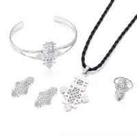 Bright Silver Color Ethiopian Cross Pendant Necklaces Bangle and Earrings for Women African Religious Jewelry Set262E
