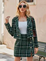 Women&#039;s Suits & Blazers Office Plaid Women Blazer Coat Green Elegant High Waist Split Female Mini Skirt Fashion Lapel Long Sleeve Button Bla