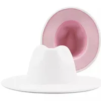 White and Pink Patchwork Women Wide Brim Faux Wool Felt Fedora Hats للجنسين الرجال عتيقة أعلى رعاة البقر قبعة موسيقى الجاز Cap226W