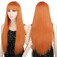 Pelucas sintéticas azqueen peluca larga y recta con flequillo para mujeres rubia rojo resistente cosplay puro color tobi22
