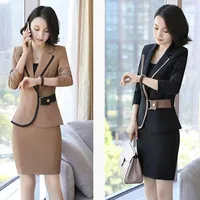 İki parçalı elbise röportajı ofis kıyafetleri kadınlar sonbahar uzun kollu etek Kore iş takım elbise bayanlar üniforma tasarımları dd2044