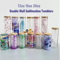 US Stock 16oz Sublimation Snow Globe Beer Can12oz 20oz Double Wall Clear Glass With Bamboo Lids Plastic Straws Blank Water Bottles DIY Heat Transfer