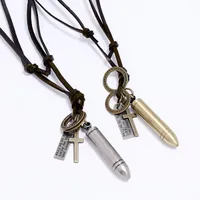 Bullet Cross Pendant Necklace Adjustable String Leather Chain Necklaces for Women Men Punk Fashion Jewelry Gift