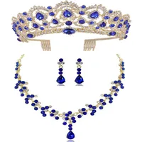 Diezi New Red Green Blue Crown 및 Necklace Earring Jewelry Set Tiara Rhinestone 웨딩 신부 보석 세트 액세서리 272c