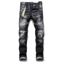 Men's Jeans D2 black paint throwing hole wild zipper decorative personalized jeans men's 1056