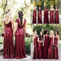 Burgundy Strapless Backless Long Bridesmaid Dresses 2018 Sparkling Sequined Wedding Guest Dresses Plus Size Maid of Honor Gowns220N