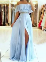 Summer Chiffon Bridesmaid Dresess Elegant A-Line Off-the-Shoulder Floor-Length Beadings Belt Long Prom Evening Gowns With Split