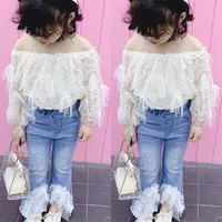 Toddler Kids Clothes Set Baby Girl Lace Off Shoulder T Shirt Tops Destroyed Ripped Jeans Flare Pants Children Outfits 2Pcs 240v