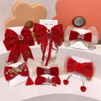 Hair Accessories Year Red Baby Big Bow Ribbon Clips Crystal Headwear Geometric Women Girls Shiny Velvet Hairpins Lucky AccessionsHair