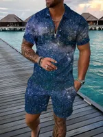 Polos masculinos de verão moda masculina Casual Starry Sky 3D Camisa de impressão zíper de lapela de manga curta Termina