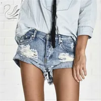 Vanlo -Bekleidung 50er Jahre Vintage Ripped Hole Fringe Blue Denim Shorts Women Casual Button Pocket Jeans Shorts New Style Shorts LJ200818