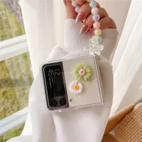 Cute Flower Bear Hand Chain Cases For Samsung Galaxy Z Flip 3 5G Full Protection Hard PC Colorful Bracelet Cover
