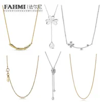 Fahmi i00 ٪ 925 Sterling Silver Shine Pandora Gold Anchor Chain Necklace Necklace رباعي الأوراق البرسيم زهرة قلادة NEC231P