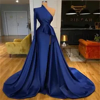Charming Evening Dresses One Shoulder Long Sleeve Dark navy Blue Lady Occasion Gowns Sweep Train Split Satin Prom Dress 0617
