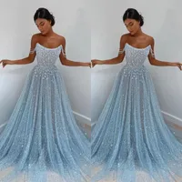 2022 Light Sky Blue Sequined Evening Dresses Sexy Spaghetti Strap Backless Sheer Tulle Blingbling Sequins Long Formal Occasion Prom Gowns BC5842 B0513
