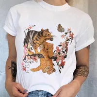 1pcs Sunfiz Art Cat Flower Fund Imprimé T-shirt Femmes Fashion Coton Coton Fashion O Printing Tops 220713