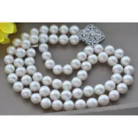 2 Row 18&quot 12-13mm White round Freshwater Pearl Necklace CZ