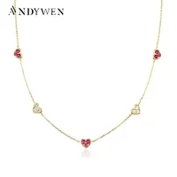ANDYWEN 925 Sterling Silver Gold Love Heart Clear Rose Red Charm Long Chain Choker Necklace Pendant Women Wedding Luxury Jewelry 220808