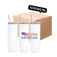 US Warehouse 20oz Sublimation Blank Straight Tumbler Cups Set Stainless Steel Insulated Travel Office Mugs with Closed Lid Straw Slim Water Cup for Party Gifts