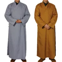민족 의류 2 색 Shaolin Temple Costume Zen Buddhist Robe Lay Monk Meditation Gown 불교 의류 세트 훈련 유니폼 S273A