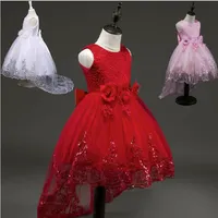 2017Fashion Flower Girl Bridesmaid Dress Children Red Mesh Trailing Butterfly Girls Wedding Dress Kids Ball Gown Embroidered Bow P250W