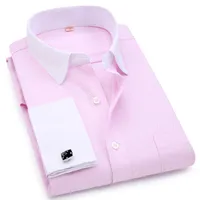 Men's Dress Shirts Men French Cufflinks White Collar Design Solid Color Jacquard Fabric Male Gentleman Long Sleeves Shirt