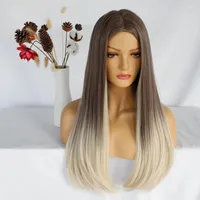 Syntetiska peruker Anogol Beauty Long Wavy Women Wig Middle Part Hair Ombre Platinum Blonde Svartrosa värmebeständig för Woman Tobi22