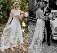 Sexy Open Back Pant Suit Wedding Party Bride Gowns 2022 Applique Lace Long Sleeves Bridal Wedding Dresses B0603G07