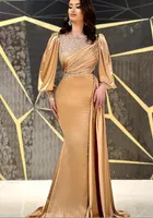 Champagne Gold Mermaid Long Sleeve Evening Formal Dresses 2022 Beaded Silk Stain Arabic Aso Ebi Trumept Eccase Prom Dress