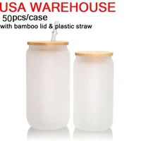 USA Warehouse 16oz Sublimation Glass Becher Rohlinge weiß mit Bambusdeckel gefrostetem Bier Borosilikat Becher Mason Jar Tassen mit Plastikstroh