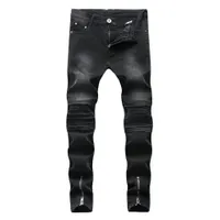 Scegli per la vendita di jeans maschile maschile strappato motociclisti strappati con cerniera pieghetta con cerniera alla caviglia Slimt fit taglie