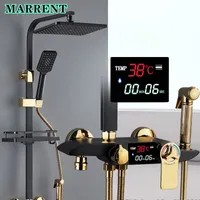 Thermostatic Bathroom Shower Set MARRENT Solid Brass Bathroom Mixer Faucet Tap Black Gold Rainfall Digital Bath Shower System